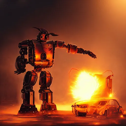 Prompt: toaster mecha head, dark messy smoke - filled cluttered workshop, dark, dramatic lighting, orange tint, sparks, cinematic, highly detailed, sci - fi, futuristic, movie still