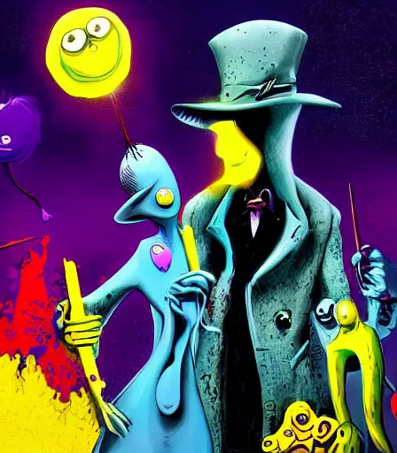 Image similar to Tim Burton style The Watchmen by Alex Pardee and Nekro and Petros Afshar, and James McDermott,unstirred paint, vivid color, cgsociety 4K