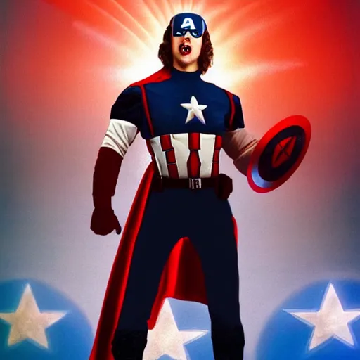 Image similar to film still of weird al as captain america, full body shot, hero pose, fireworks in the background