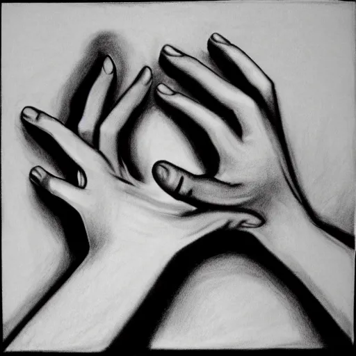Prompt: Drawing Hands, 1948, lithograph by M.C. Escher. Unreal engine, futuristic 3D rendering