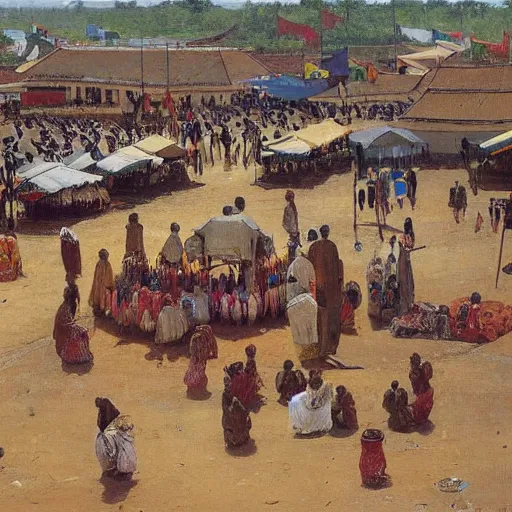 Prompt: dahomey officials with flat colorful umbrellas in ahomey's huge main square, from above, in benin, 1905, highly detailed, oil on canvas, by ilya repin