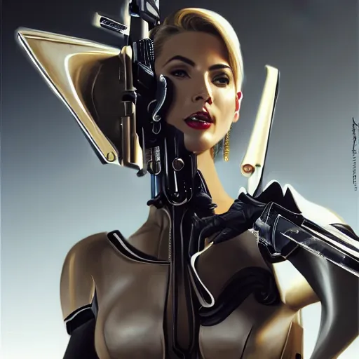 Image similar to A combination of Ada Wong's and Grace Kelly's and Ashley Greene's appearances with blonde hair wearing Warframe armor, high tech, action shot, angular, full body portrait, futuristic, dramatic, fantasy, intricate, elegant, highly detailed, artstation, matte, sharp focus, 8K, art by Donato Giancola and James Gurney