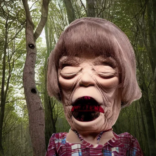 Image similar to a large realistic doll that looks like an old woman with nutcracker mouth in a dark forest, red laser eyes cut down trees, horror