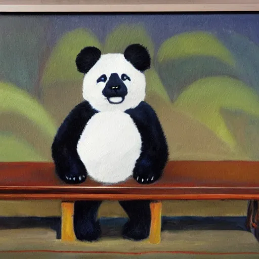 Image similar to oil painting of a sad panda that sits on a flat bench alone and sad with gym pants