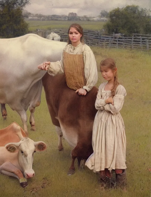 Image similar to portrait of peasant girl and cow on a farm, polaroid photo bleached vintage pastel colors high - key lighting, soft lights, foggy, by steve hanks, by lisa yuskavage, by serov valentin, by tarkovsky, 8 k render, detailed, oil on canvas