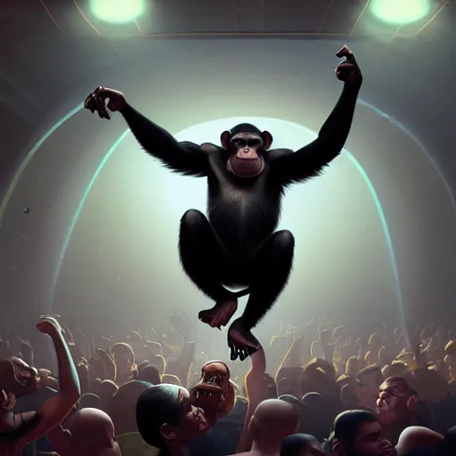 Image similar to a chimp dj in nightclub, people dancing in background, anatomy, bathed in light, highly detailed, photorealistic, artstation, smooth, sharp focus, illustration, unreal engine 5, 8 k, art by artgerm and greg rutkowski and edgar maxence