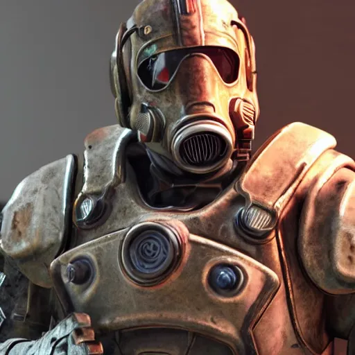 Image similar to Michael Scott in a fallout power armor, fallout4, rtx, raytracing, unreal engine, hyper realistic, sun rays