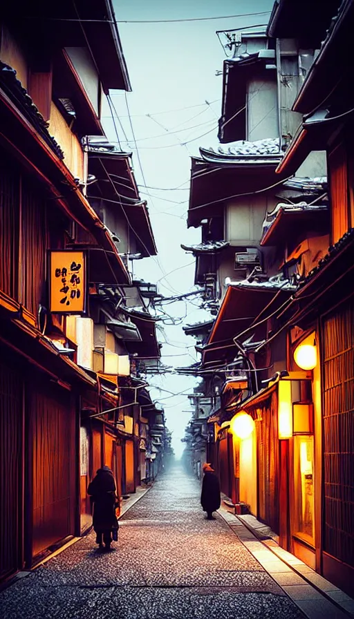 Image similar to nuclear winter, street of kyoto, near future, fantasy, sci - fi, hyper realistic, serene, morning.