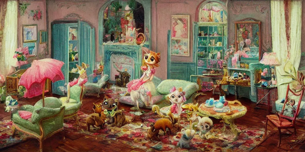 Image similar to 3 d littlest pet shop animals, sitting on pillows, eating fruit, decadence, parlor, sitting room, czech republic perfume bottles, delectable delights, sugar, powdered sugar, pastels, dream, mid shot, master painter and art style of noel coypel, art of emile eisman - semenowsky, art of edouard bisson