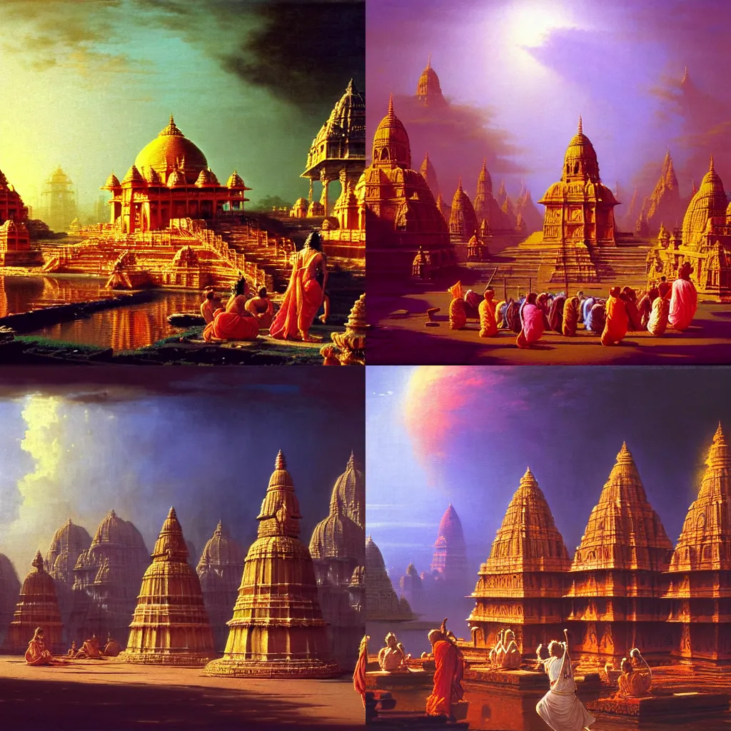 Prompt: the epic scene from Hindu heaven in Ayodhya from Ramayan, by Canaletto, by Bruce Pennington, masterpiece, oil on canvas, trending on artstation, top on pixiv, cinematic composition, dramatic scene, beautiful lighting, sharp, high details, astrophotography, no frames, 8K
