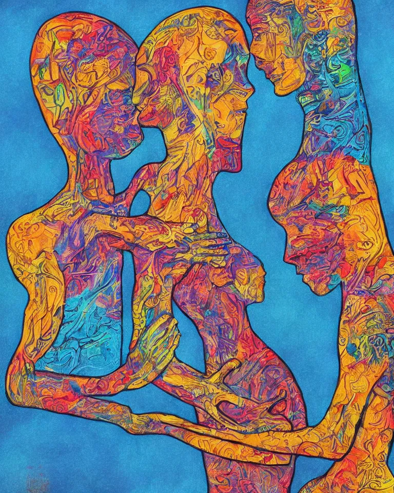 Image similar to visionary artwork about the power of love and soul bonding between two humans