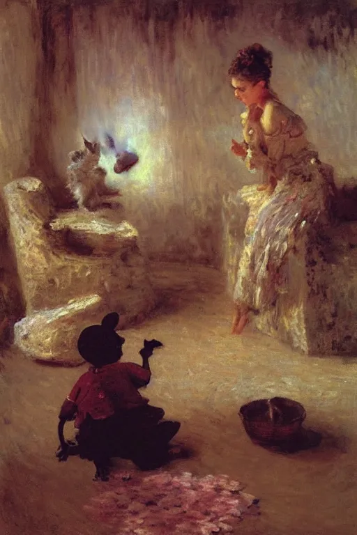 Prompt: Magnificent Painting by Ilya Repin, Monet, and Craig Mullins of a mousy girl and a girly mouse having a heated debate