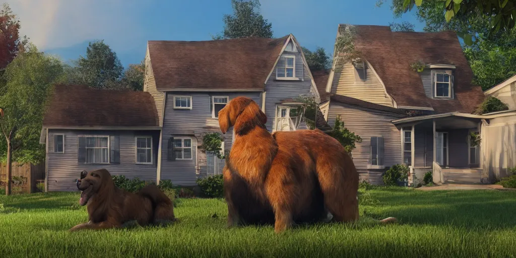 Prompt: a giant dog sitting between houses in a suburban neighborhood, weta pixar 8 k