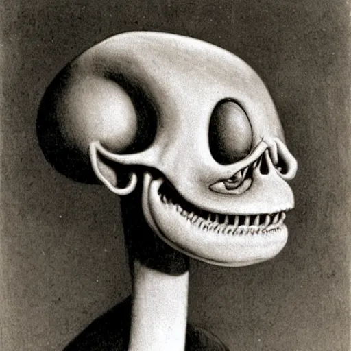 Prompt: humanoid with crooked teeth, sepia tint, two shallow black eyes, long open black mouth, alien looking, big forehead, horrifying, killer, creepy, long open black mouth, dead, looking straight into camera, realistic, slightly red, long neck, boney, monster, tall, very skinny, skullish, big forehead, in the style of alfred kubin