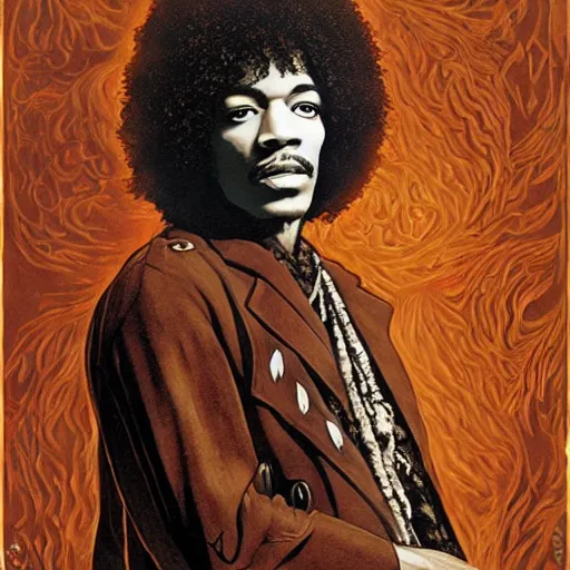 Image similar to artwork by Franklin Booth showing a portrait of Jimi Hendrix