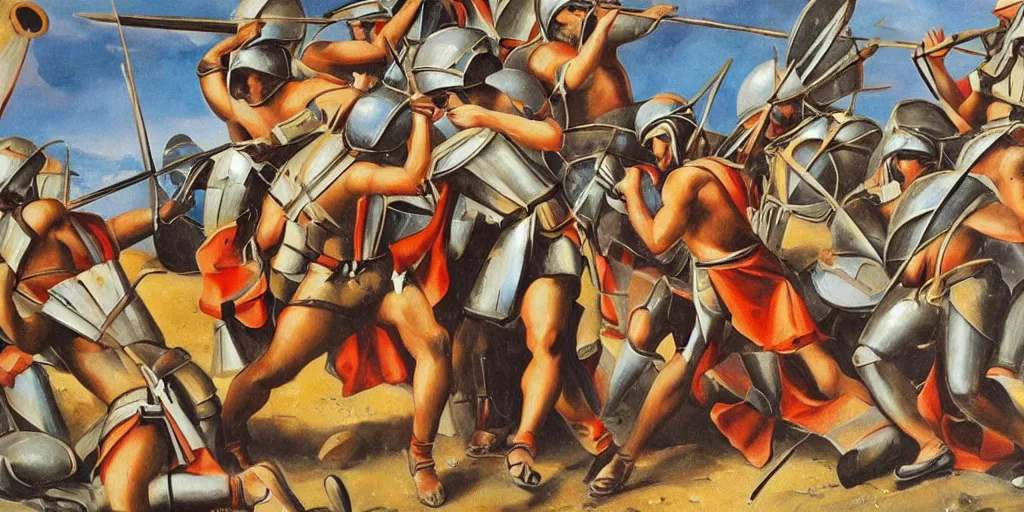 Prompt: italian futurism style painting of greek hoplites at war