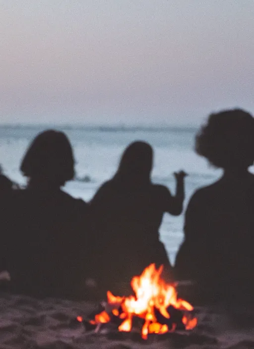 Prompt: a 3 5 mm photo from the back of a woman watching a bonfire on the beach, splash art, movie still, bokeh, canon 5 0 mm, cinematic lighting, dramatic, film, photography, golden hour, depth of field, award - winning, anamorphic lens flare, 8 k, hyper detailed, 3 5 mm film grain