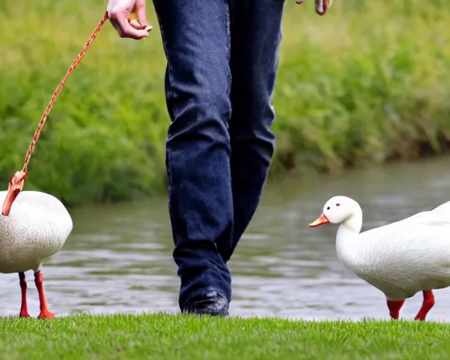 Prompt: close - up color photo of ben affleck walking pet white pekin duck on leash near pond