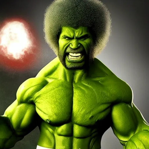 Image similar to photomanipulation of BOB ROSS as hulk with human flesh, marvel, fully detailed, volumetric lightening, octane render