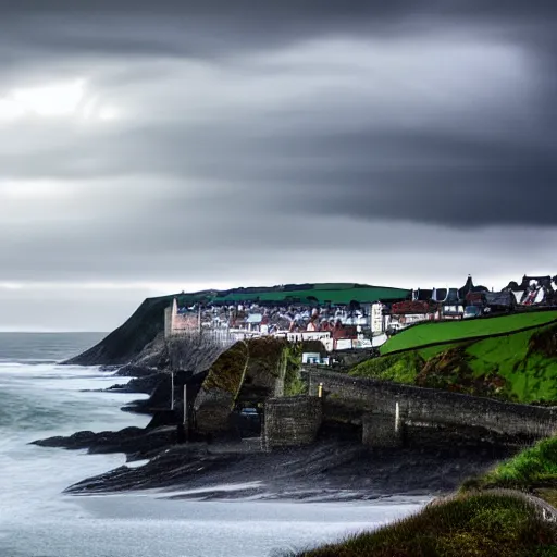 Image similar to the town of aberystwyth with stormy sea, ultrarealism, photorealism, 8 k, wide angle