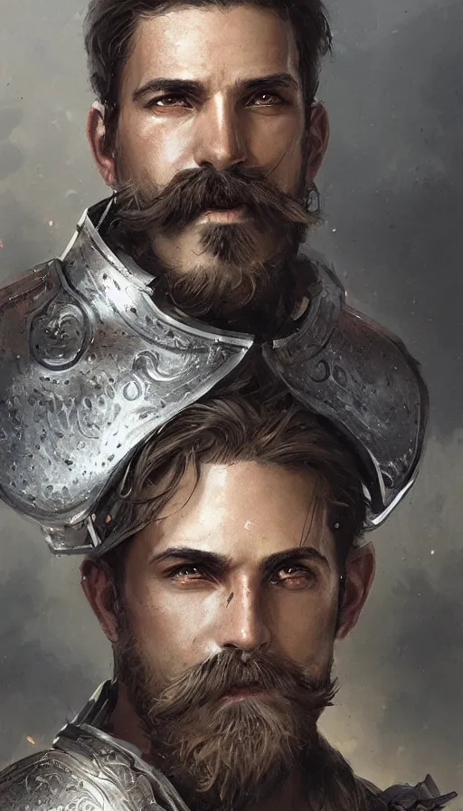 Image similar to Portrait of a knight with a large moustache, male, detailed face, fantasy, highly detailed, cinematic lighting, digital art painting by greg rutkowski