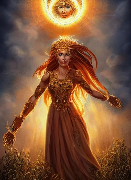 Prompt: portrait of slavic fire goddess, beautiful gold hair, captivating eyes, anatomically correct!!, perfect figure symmetry!!, iconic, wielding holy fire, stunning woman in slavic dress, wheat fields on sunset, renaissance deity, pagan mother goddess, freya!!, dramatic lighting, elegant and magical, backlit by sun, d & d art by ross tran