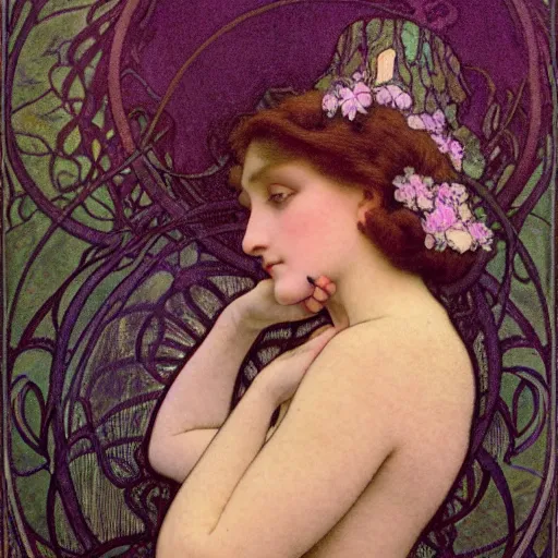 Prompt: long shot, 8 k, soft light, highly detailed, art nouveau fashion photography of pastel goth woman, fine lines, clean lines, drawn by maxfield parrish, james jean, alphonse mucha, henri gillet, william morris, john henry dearle, odilon redon, gaston bussiere, felicien rops, eugene grasset, janis rozentals