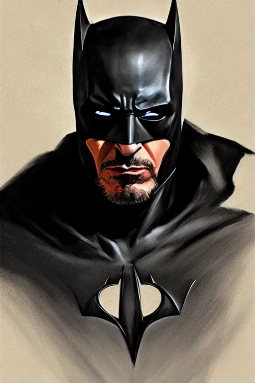 Image similar to robert downey jr as batman, portrait,, highly detailed, digital painting, artstation, concept art, smooth, sharp focus, illustration, cinematic lighting, art by artgerm and greg rutkowski and alphonse mucha