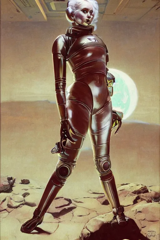 Prompt: pulp scifi fantasy illustration full body portrait android girl, gymnastique, white hair, in leather spacesuit on mars, by norman rockwell, roberto ferri, daniel gerhartz, edd cartier, jack kirby, howard v brown, ruan jia, tom lovell, frank r paul, jacob collins, dean cornwell, astounding stories, amazing, fantasy, other worlds