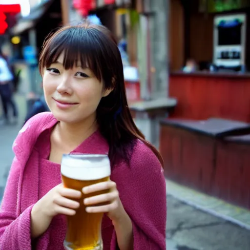 Prompt: japanese girl drinking beer near a pub