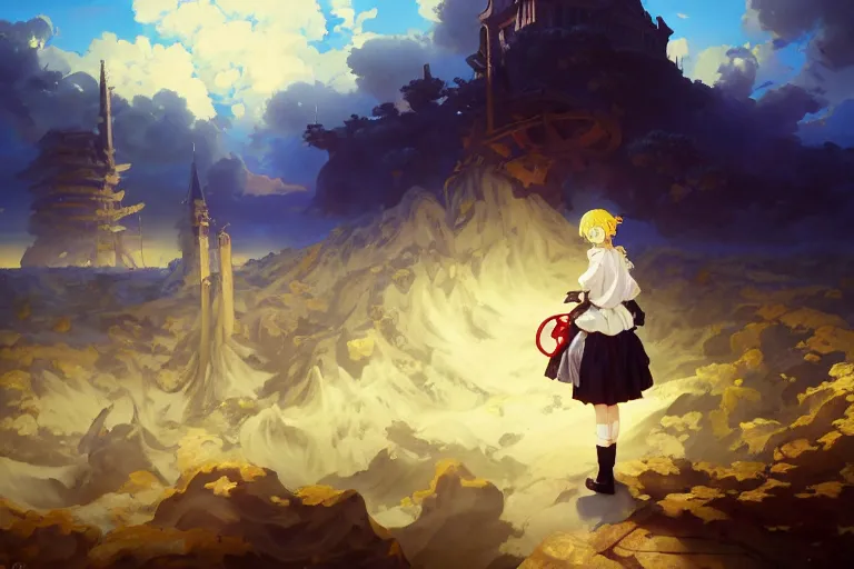 Image similar to baroque oil painting, anime key visual environment concept art, anime maid nazi nuremberg, blond hair blue eyes, brutalist dark fantasy, trending pixiv fanbox, rule of thirds golden ratio, fake detail, acrylic palette knife, style of makoto shinkai genshin impact, background by studio ghibli jamie wyeth greg rutkowski chiho aoshima