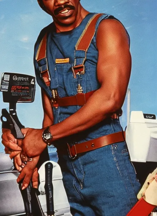 Image similar to an 8 0's john alvin action movie poster starring eddie murphy face as a plumber to rich people. bathroom. overalls. tool belt. the movie is called beverly hills crap