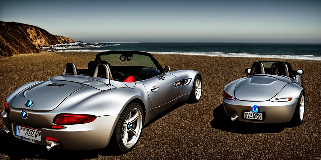 Image similar to photograph, BMW Z8, cinematic, PCH, california coast, 8k, depth of field, bokeh.