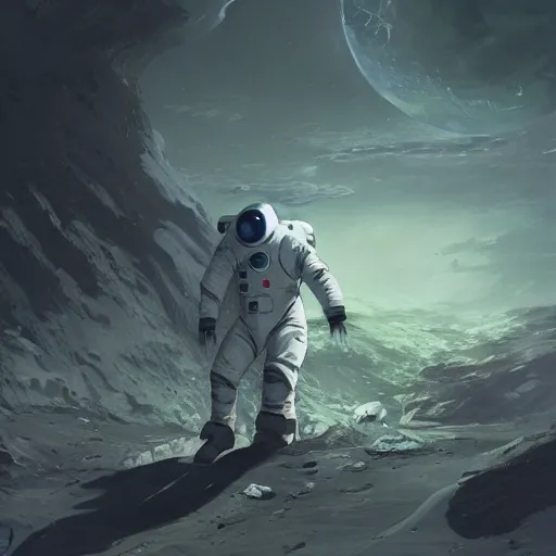 Image similar to a beautiful illustration of an futuristic astronaut with a futuristic white cybernetic spacesuit walking out of a black futuristic spaceship landed on the moon, by greg rutkowski, digital artwork, artstation, cgartists, conceptartworld, deviantart, magic the gathering artstyle, floating magical rocks, lush green meadow