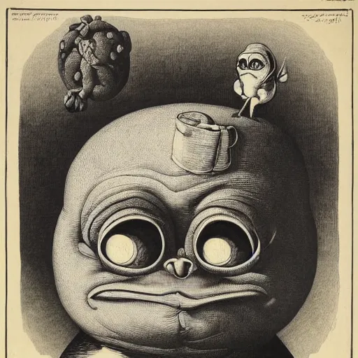 Image similar to portrait of pepe the frog by goya and escher and hogarth, illusion surreal art, highly conceptual figurative art, intricate detailed illustration, controversial poster art, polish poster art, geometrical drawings, no blur