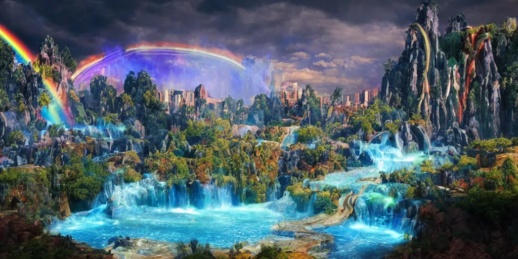 Image similar to a octane render of a landscape with a epic city and aquamarine coloured gras beautiful trees made from gold and rainbow liquid waterfalls and marvel hell riders with rainbow flames as citizen hollywood style, by waya steurbaut entertainment, dark, intricate, highly detailed, smooth, artstation, high resolution film render 100k, photo realistic style, epic, colourful, close up shot, 3D