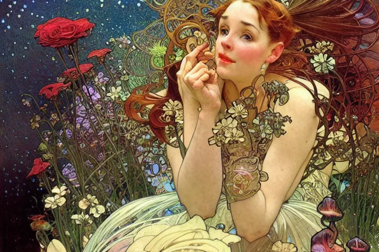 Prompt: 🌹🍄, intricate, futuristic, fantasy, elegant, thomas kindkade, moebius, alphonse mucha, loish, norman rockwell,