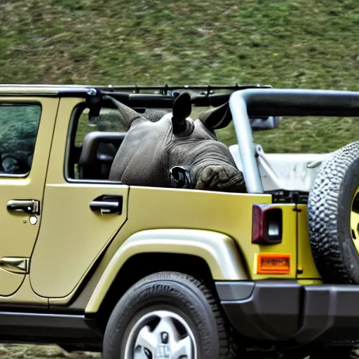 Image similar to a photo of a rhinoceros driving a jeep Wrangler, detailed, 4k