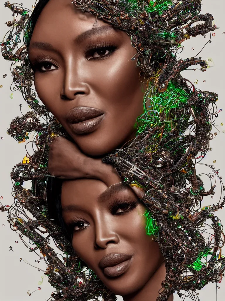 Prompt: a centered render of naomi campbell surrounded by intertwining bio - mech tendrils made of machine and robot parts with gemstones and leaves and feathers and incense smoke flowing around, full body, gorgeous face, perfect face, powerful, by james jean, by ross tran, 3 d, trending on artstation, octane render, 8 k