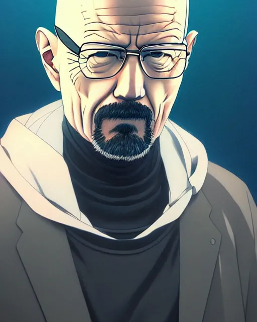 Image similar to portrait Anime man as Walter White. fine-face, pretty face, realistic shaded Perfect face, fine details. Anime. realistic shaded lighting by Ilya Kuvshinov katsuhiro otomo ghost-in-the-shell, magali villeneuve, artgerm, rutkowski, WLOP Jeremy Lipkin and Giuseppe Dangelico Pino and Michael Garmash and Rob Rey in official suit