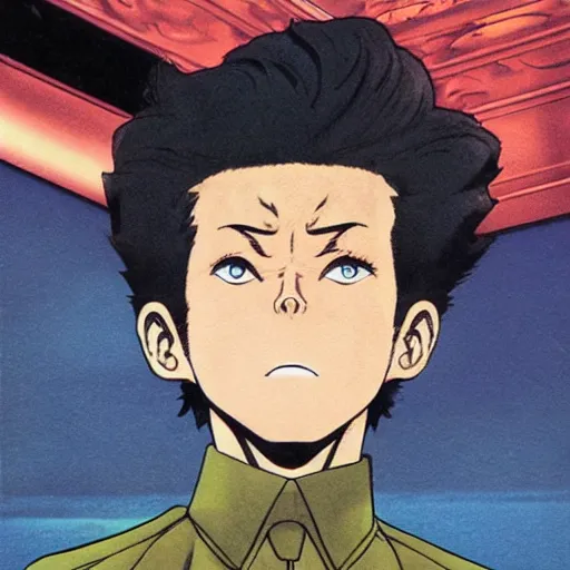 Image similar to young boy angry with pompadour hair, art by katsuhiro otomo, tetsuo hara, hirohiko araki, jotaro kujo, banchou, action pose, manga cover