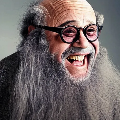 Prompt: danny devito as an old druid wizard, bald, bushy grey eyebrows, long grey hair, disheveled, wise old man, wearing a grey wizard hat, wearing a purple detailed coat, a bushy grey beard, sorcerer, he is a mad old man, laughing and yelling