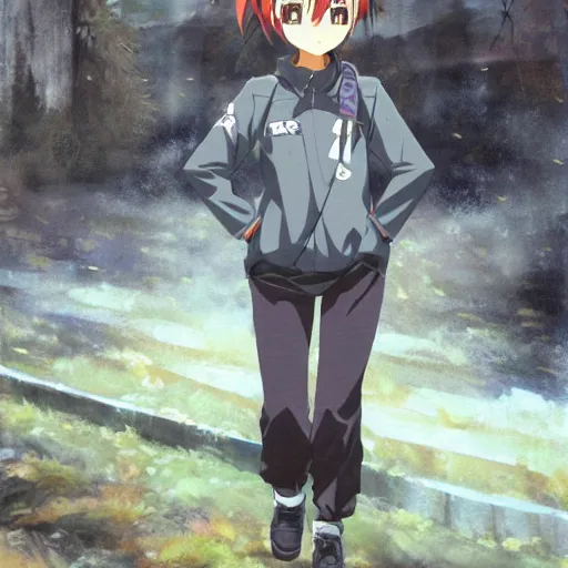 Image similar to rika furude from higurashi wearing techwear, oil on canvas