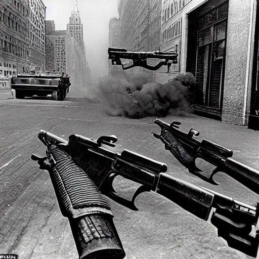 Prompt: Epic shootout between Soviet and American troops on the streets of New York, powerful explosions, retro futuristic style, super detail of each object,