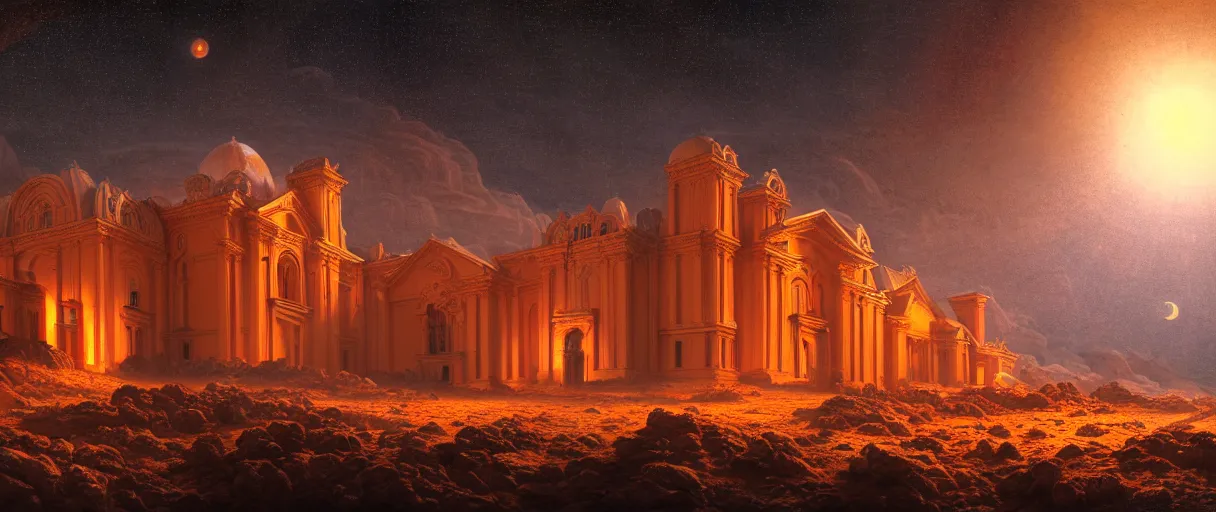 Image similar to hyperrealistic hyper detailed night shot of neo-baroque monastery on mars with giant carnivorous flowers matte painting concept art key sage gustave courbet very dramatic orange and blue lighting high angle hd 8k sharp shallow depth of field