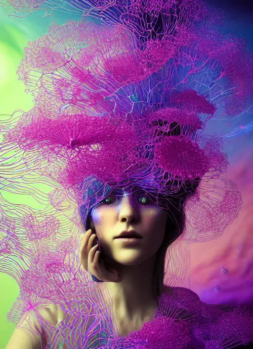 Image similar to hyper detailed 3d render like a painting - Aurora (Singer) seen Eating of the Strangling network of yellowcake aerochrome and milky Fruit and Her delicate Hands hold of gossamer polyp blossoms bring iridescent fungal flowers whose spores black the foolish stars by Jacek Yerka, Mariusz Lewandowski, Houdini algorithmic generative render, Abstract brush strokes, Masterpiece, Edward Hopper and James Gilleard, Zdzislaw Beksinski, Mark Ryden, Wolfgang Lettl, hints of Yayoi Kasuma, octane render, 8k