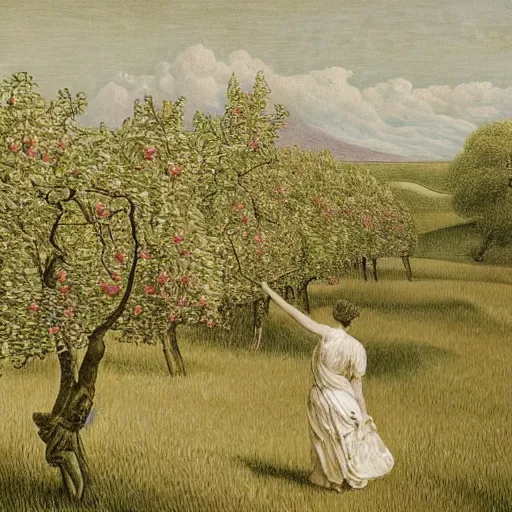 Prompt: A beautiful drawing depicting a farm scene. The drawing shows a view of an orchard with trees in bloom. Prada by Kay Sage, by Gustave Doré dreary