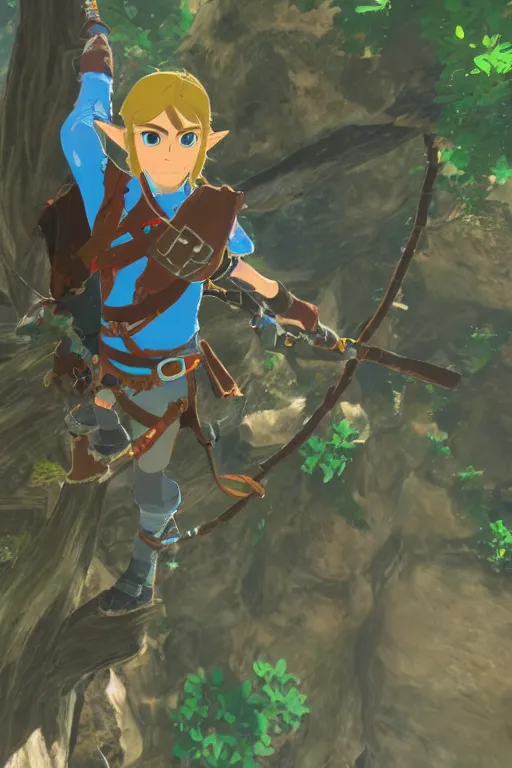 Prompt: in game footage of link from the legend of zelda breath of the wild climbing q tree, breath of the wild art style.