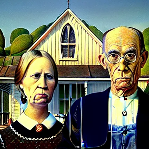 Image similar to american gothic painting but with donald trump and melania trump as the subjects, art station, high quality,