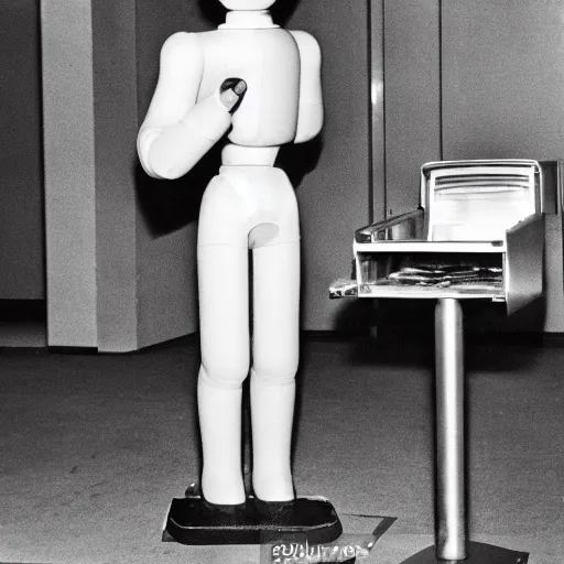 Prompt: Humanoid robot taking a loaf of bread out of the oven, 1959, black and white photo, world's fair